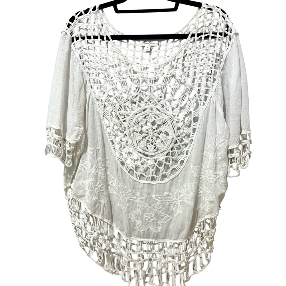 Anneliese Boho White Crochet Top  Embroidered SZ XL EUC
